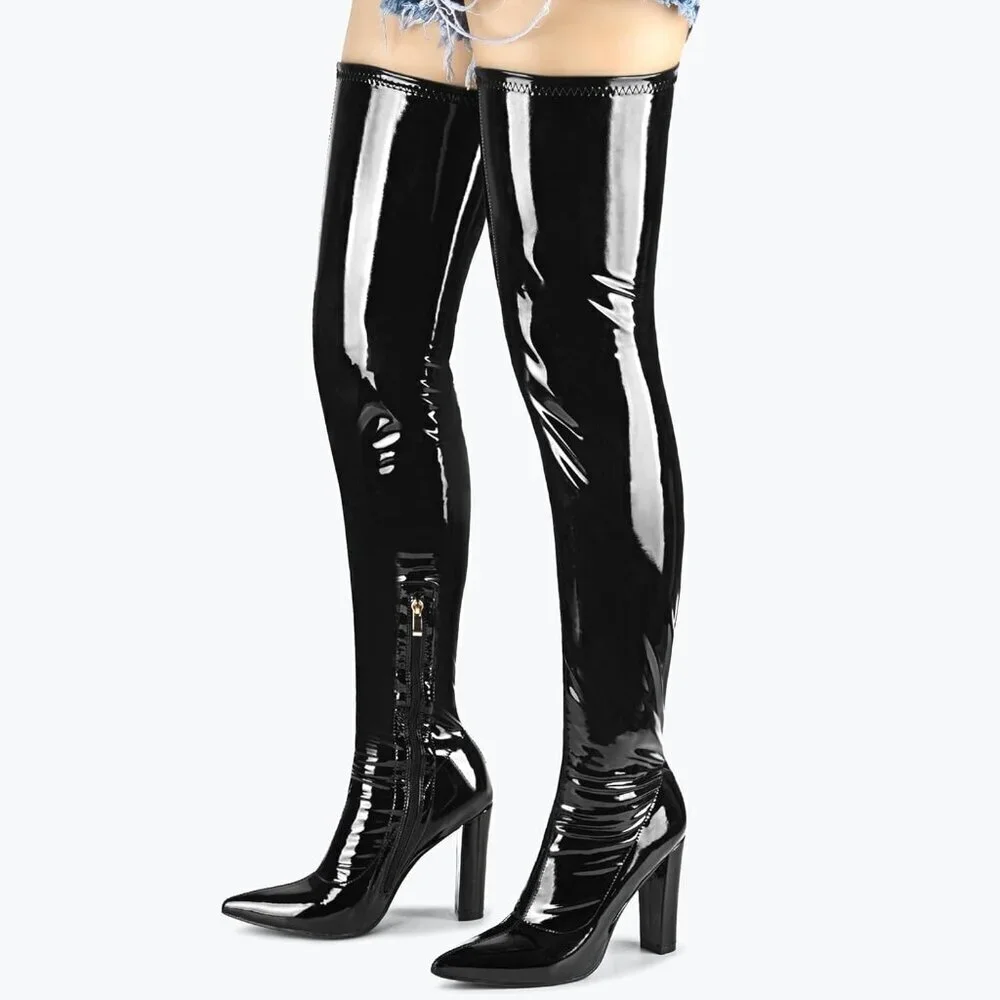 Women Black Chunky Heel Over The Knee Boots Patent Leather PU Stretchy Tall Boot